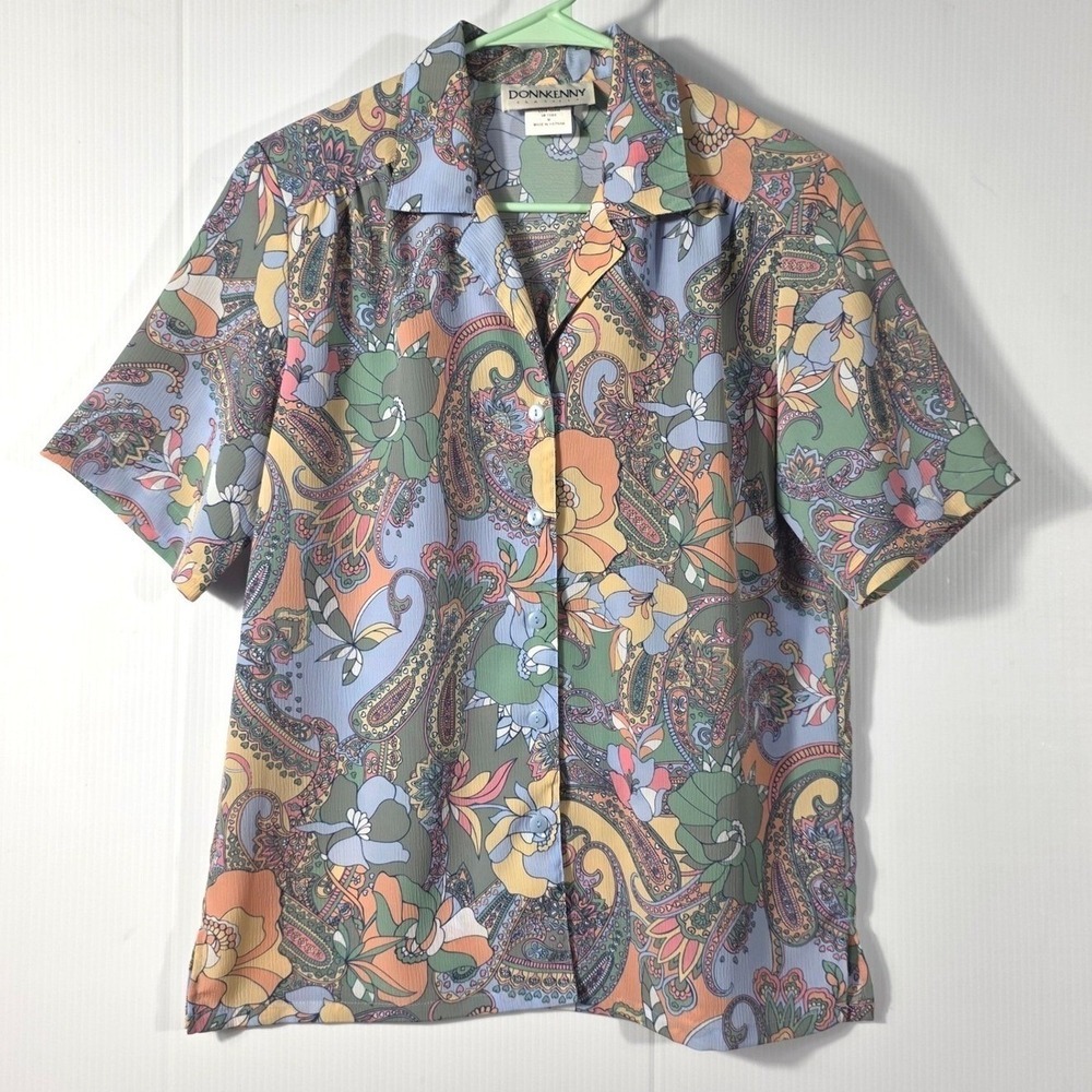 Donnkenny Classics Womens Medium Paisley Floral ButtonUp Blouse Short Sleeve 90s